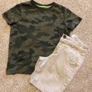 Old Navy size 5 kaki shorts and camo t-shirt